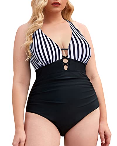 Women's Plus Size One Piece Swimsuit Slimming Tummy Control-Black And White Stripe
