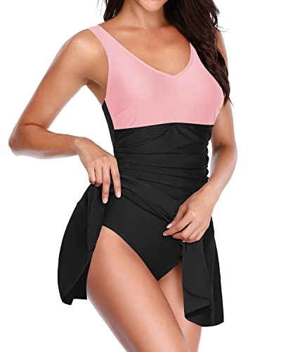 Elegant Pleated Swimdress Swimsuit Dress For Women-Pink And Black