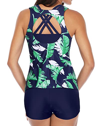 Scoop Neck Tankini Top For Women's Athletic Swimwear-Blue Leaf