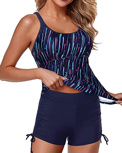 Cross-Back Women's Swimsuits Athletic Two Piece Tankini Shorts-Navy Blue