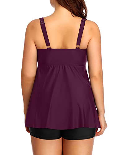 Flowy Adjustable Bowknot Tankini Tops Boy Shorts-Maroon