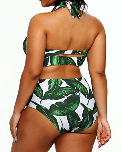 High Waisted Slimming Two Piece Bikini Swimsuits For Women-Green Leaf