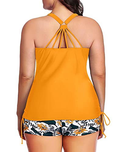 Athletic 2-Piece Swimwear Strappy Tankini Top & Boyleg Shorts-Yellow Floral