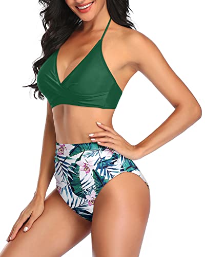 High Waisted Bikini Set Criss Cross Twist Front Halter Top Bikini Sets-Green Tropical Floral