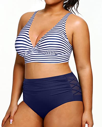Women's Plus Size Bikini High Waisted Two Piece Bathing Suits-Blue White Stripe