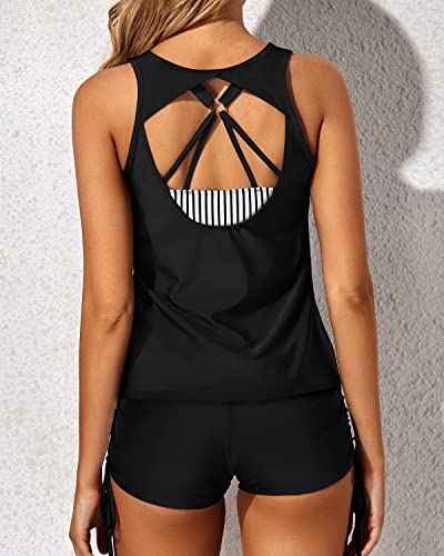 Swim Tank Top Bathing Suits 3 Piece Tankini For Women-Black White Striped