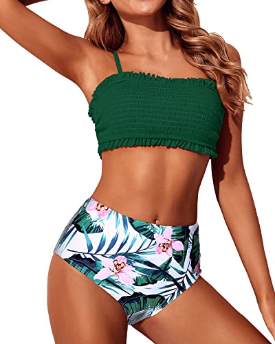 Ruffle Off Shoulder Bandeau Bikini Set Two Piece Smocked Swimsuits-Green Tropical Floral