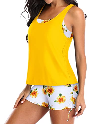 3 Piece Womens Tankini Swimsuits Boyshorts Athletic Bathing Suit-Yellow And Sunflower