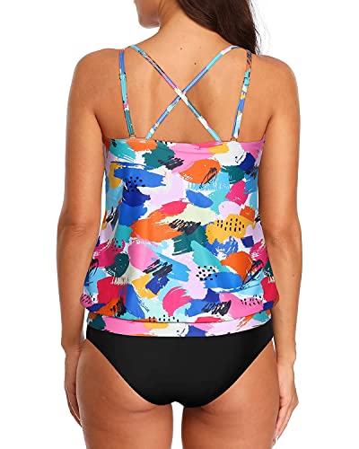 Two Piece Casual Tankini Set Elastic Band For Women-Color Block