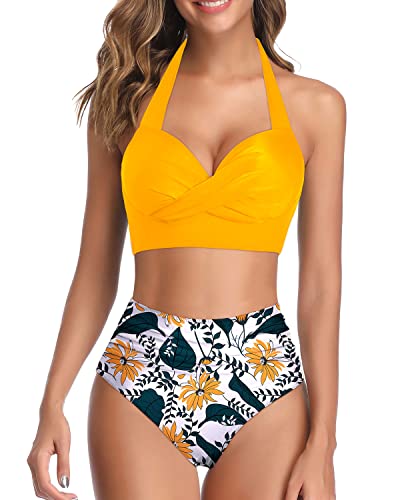 Push Up Womens Retro Halter Twist Front Swimsuit Tummy Control Bikini Set-Yellow Floral