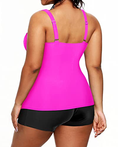 Plus Size Ruched Tummy Control Bathing Suit High Waisted Two Piece Swimsuit-Hot Pink