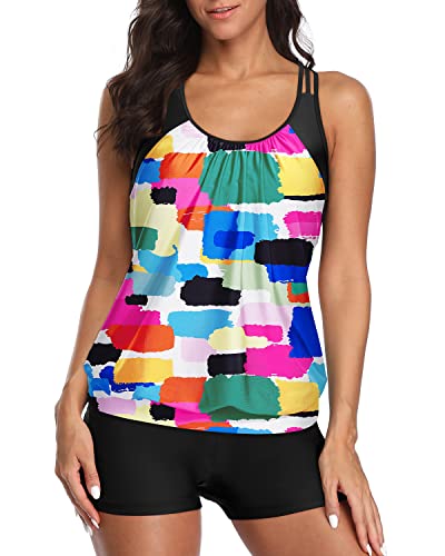 High Waisted Board Short Two Piece Tankini Swimsuits For Women-Color Tie Dye
