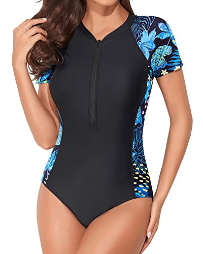 Modest Coverage Short Sleeve Swimsuits Women's Zipper Bathing Suit-Tropical Leaves