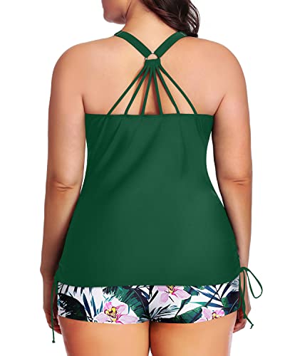 Sexy Round Scoop Neckline Plus Size Tankini Swimsuit-Green Tropical Floral