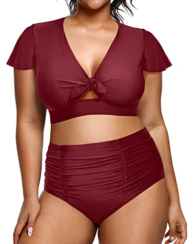 Plus Size Two Piece Swimsuits High Waisted Bathing Suits Short Sleeve Swimwear-Maroon