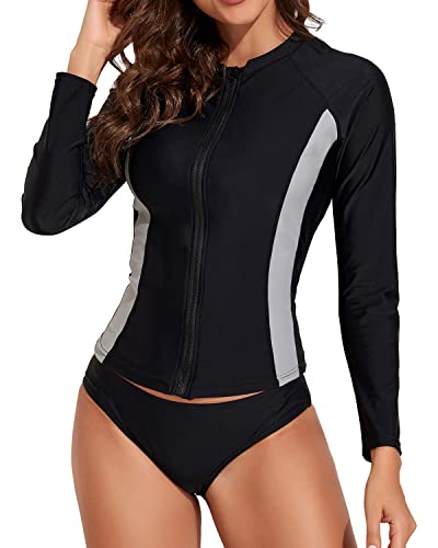 Sun Protection Swim Shirt Upf 50+ 2 Piece Rash Guard For Women-Black