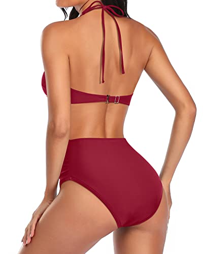 Bathing Suit Criss Cross Twist Front Halter Top Tummy Control Swimsuit-Red
