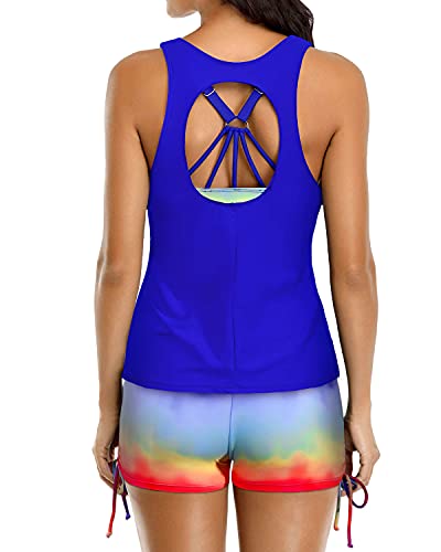 Womens Athletic Tankini Swimsuits Shorts And Bra And Boyshorts-Royal Blue Tie Dye
