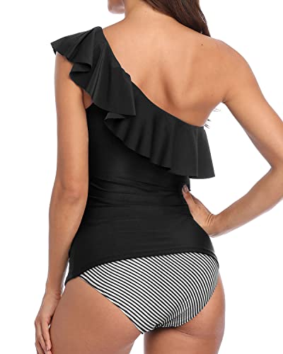 Ladies One Shoulder Tankini Tummy Control Ruffle Swimwear-Black Stripe