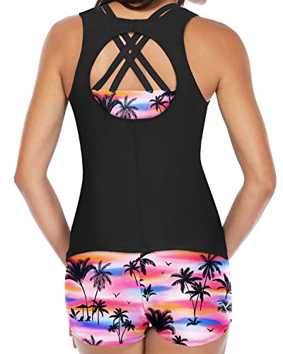 Trendy 3 Piece Athletic Tankini Bathing Suit Boy Shorts For Women-Black Palm Tree