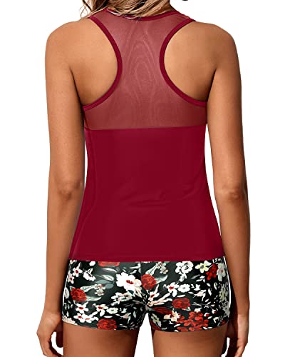 Athletic Tankini Swimsuit Set Swim Shorts For Women-Red Floral