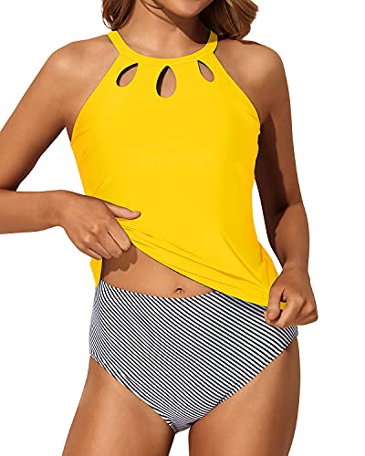 Tummy Control High Waisted Halter Tankini Swimsuits For Women-Yellow Stripe