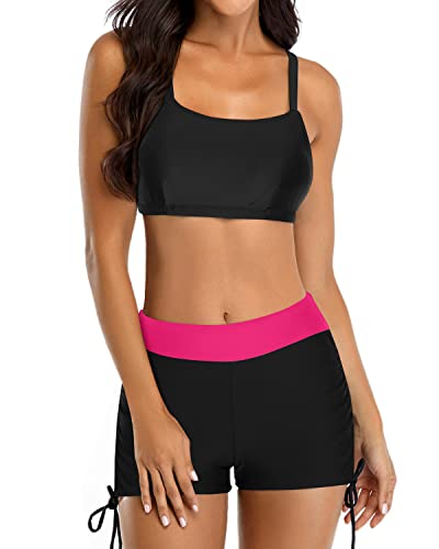 3 Piece Womens Tankini Swimsuits Cutout Back Athletic Bathing Suit-Neon Pink