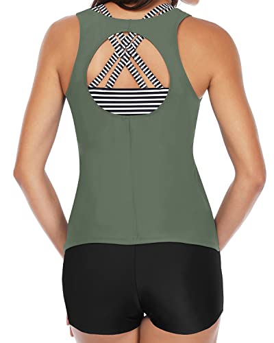 Tummy Control Swimwear Boyshort 3 Piece Tankini Swimsuits For Women-Navy Blue
