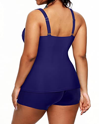 Athletic Women's Plus Size Swimsuits Ruched Tummy Control Two Piece Sets-Navy Blue
