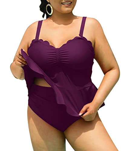 Peplum Tankini Top And High Waisted Swim Bottom Swimsuits For Curvy Women-Maroon