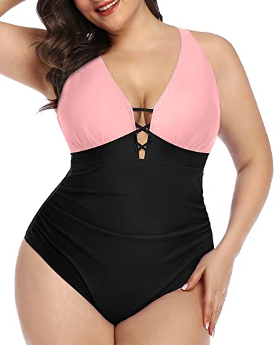 Lace Up Front Criss Cross Back Plus Size Deep V Neck One Piece Swimsuit-Pink And Black