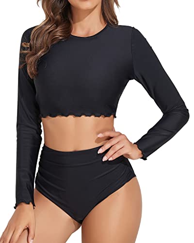 High Neck Long Sleeve Rash Guard For Women-Black