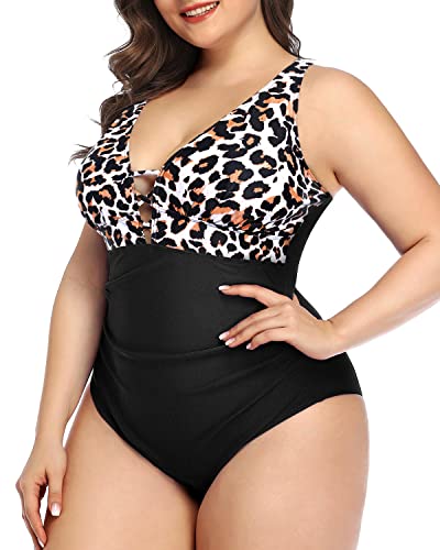 Lace Up Plunge V Neck Plus Size Ruched One Piece Swimsuit-Black And Leopard