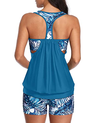 High Waisted Board Shorts Sporty Tankini For Women Tummy Control Top-Blue Leaf