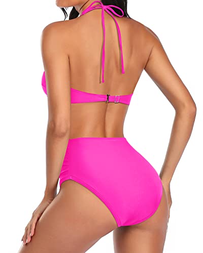 Criss Cross Backless Two-Piece High Waisted Bathing Suit-Neon Pink