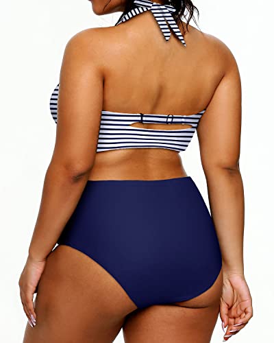 High Waisted Plus Size Swimsuits Ruched Bottoms For Curvy Women-Blue White Stripe