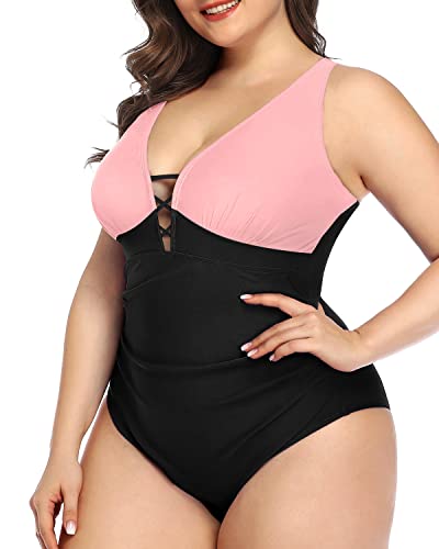 Lace Up Front Criss Cross Back Plus Size Deep V Neck One Piece Swimsuit-Pink And Black