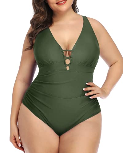 Lace Up Plunge V Neck Plus Size One Piece Swimsuit For Women-Army Green