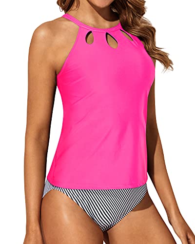 Backless Halter High Neck Tankini Bathing Suit Tummy Control-Hot Pink Stripe