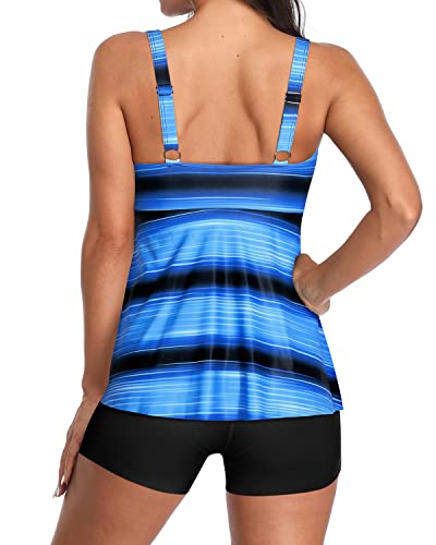 Vintage High Waisted Tankini Swimsuits Boyshorts Two Piece For Women-Blue And Black Stripe
