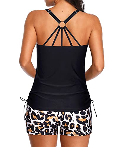 Women's Two Piece Tankini Swimsuits Athletic Bathing Suits For Tummy Control-Black And Leopard