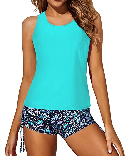 Criss Cross Straps O-Ring Detail Swimwear Athletic 3 Piece Swimsuits-Light Blue-Green Floral