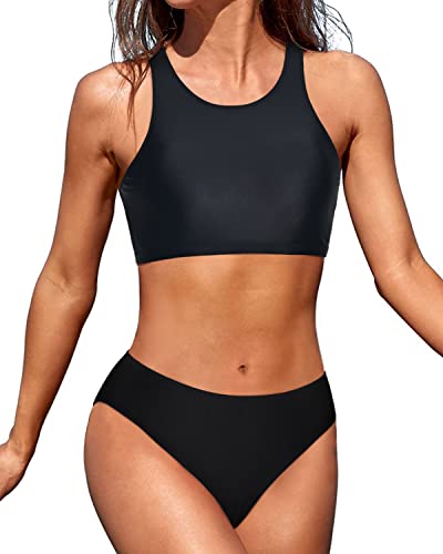 Two Piece Sporty Bikini Tops Athletic High Neck Swimsuits For Teens-Black