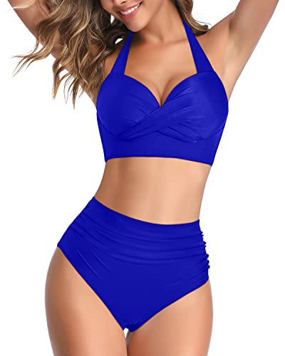 2 Piece High Waisted Bikini Tummy Control Retro Halter Twist Front Swimwear-Royal Blue