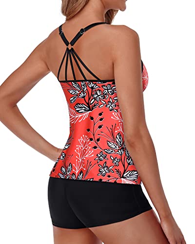 Athletic Two Piece Tankini Swimsuits For Women Shorts Tummy Control-Red Floral