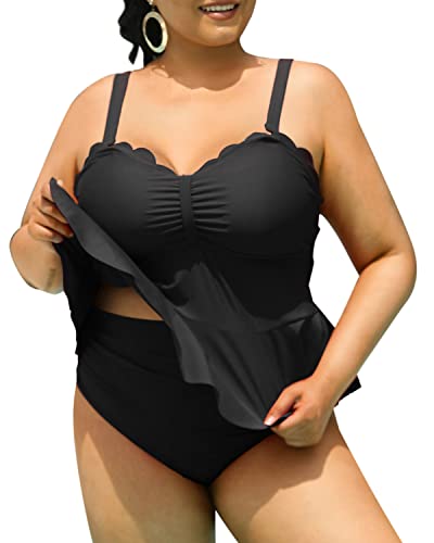 Women's Plus Size 2 Piece Tankini Swimsuits Tummy Control Bathing Suits-Black