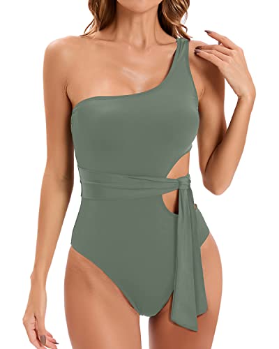 Tummy Control One Shoulder Bathing Suit For Women-Army Green