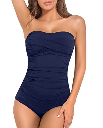 Women's Bandeau Bathing Suit Tummy Control One Piece Swimsuit-Navy Blue