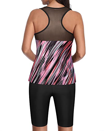 Racerback Tankini Top & Long Swim Shorts Modest 2 Piece Swimsuit-Pink Stripe