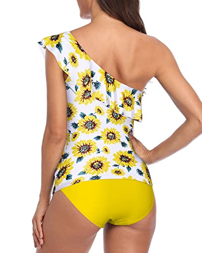 Flounce Trimmed Tankini One Shoulder Swimsuits For Women-Yellow And Sunflower